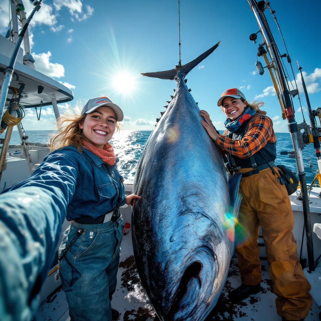 AI generated: A full-length photograph of two female fishermen on a fishing boat with a giant tuna. The giant  tun...