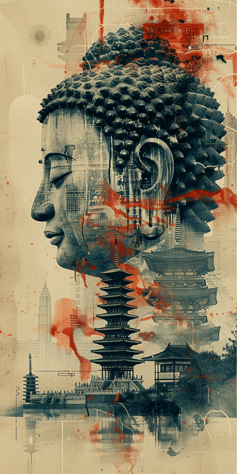 AI generated: Buddha statue with temple architecture in the background, collage style combining multiple elements ...