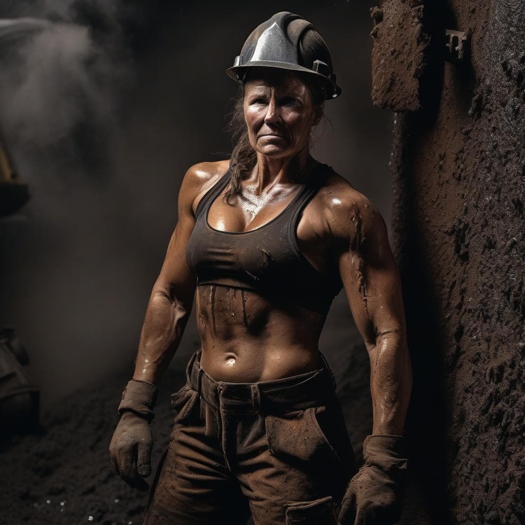 AI generated: A sweaty muscular woman working hard as a coal miner on a stressing and dirty job, male physique, ex...