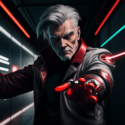 AI generated: 1 man, cyborg, red metal arms, grey hair, black leather jacket, masterpiece, high quality, reaching ...