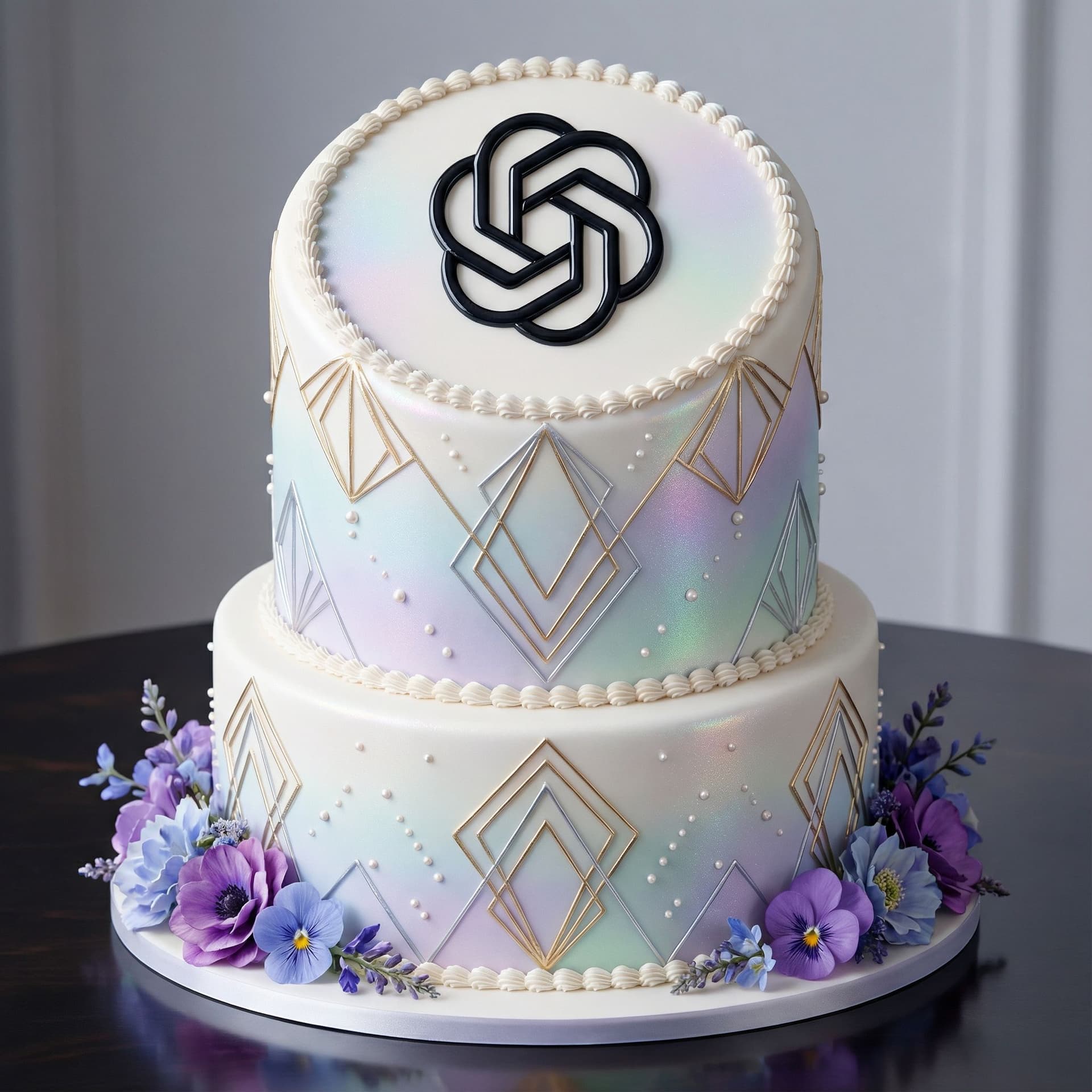 AI generated: {
  "prompt": "ultra detailed, luxurious celebration cake inspired by the OpenAI brand, a tall round...