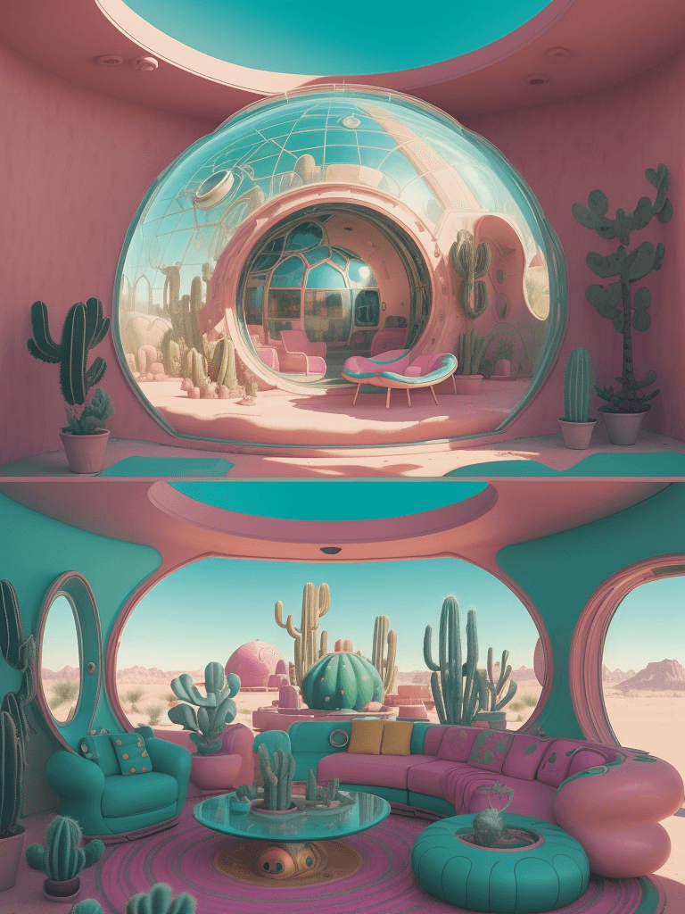 AI generated: cactus plants and a couch in a desert setting with a round window, futuristic in the desert, googie ...