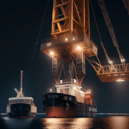AI generated: a crane barge lift up offshore jacket in a night, surreal, intricated details, highest quality, 8k
