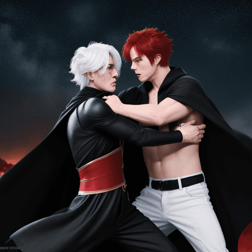 AI generated: Two men fighting, one with a black cape, red eyes, white hair, another with red hair, black eyes, th...