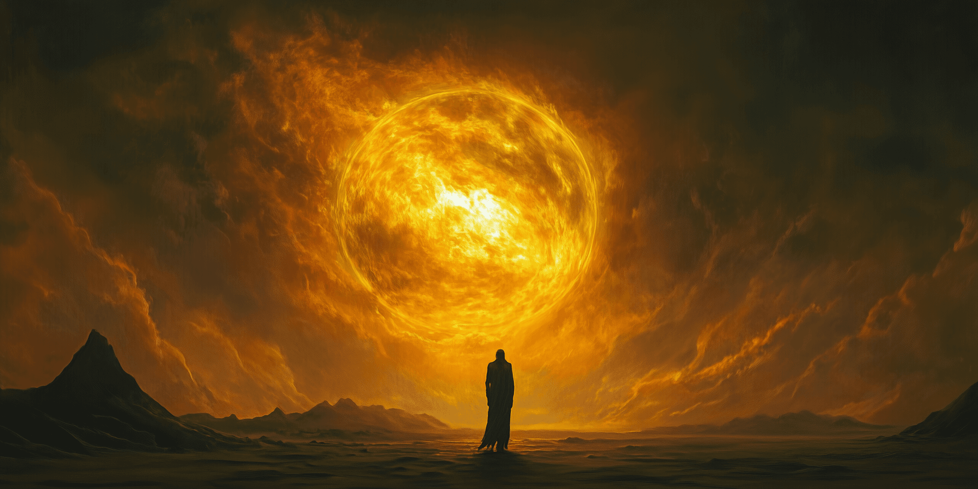 AI generated: A man stands in the desert, holding his head in his hands and gazing at an enormous, burning sun beh...