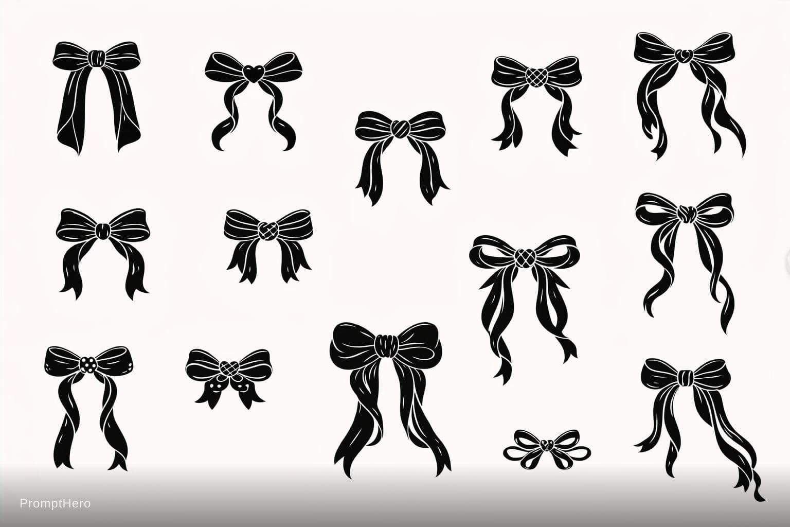 AI generated: "Clean SVG bow collection, exactly 10 unique designs, black solid fill + white outline and internal ...