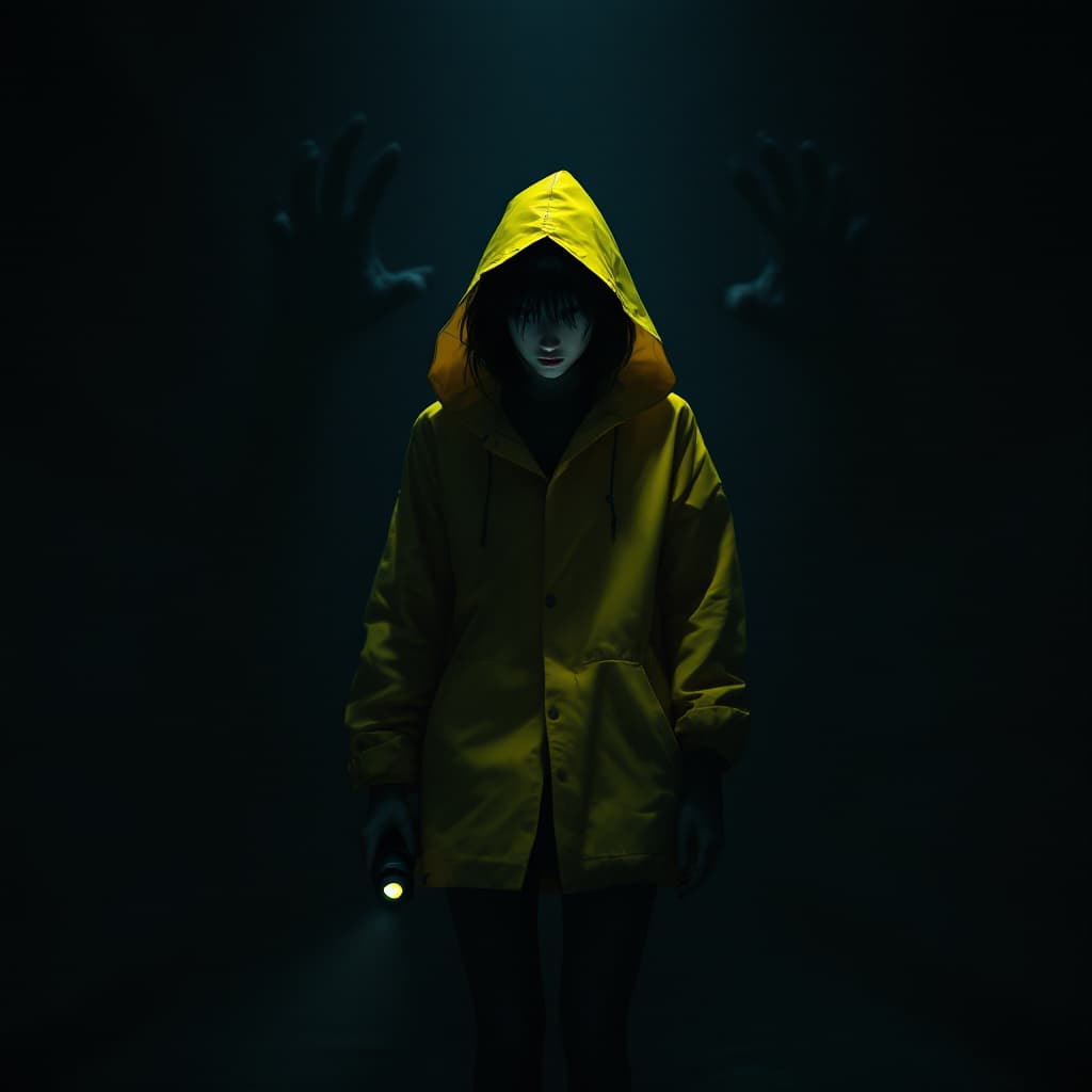 AI generated: full body view of a mysterious 18 year old woman, with messy black hair cut into a bob and long bang...