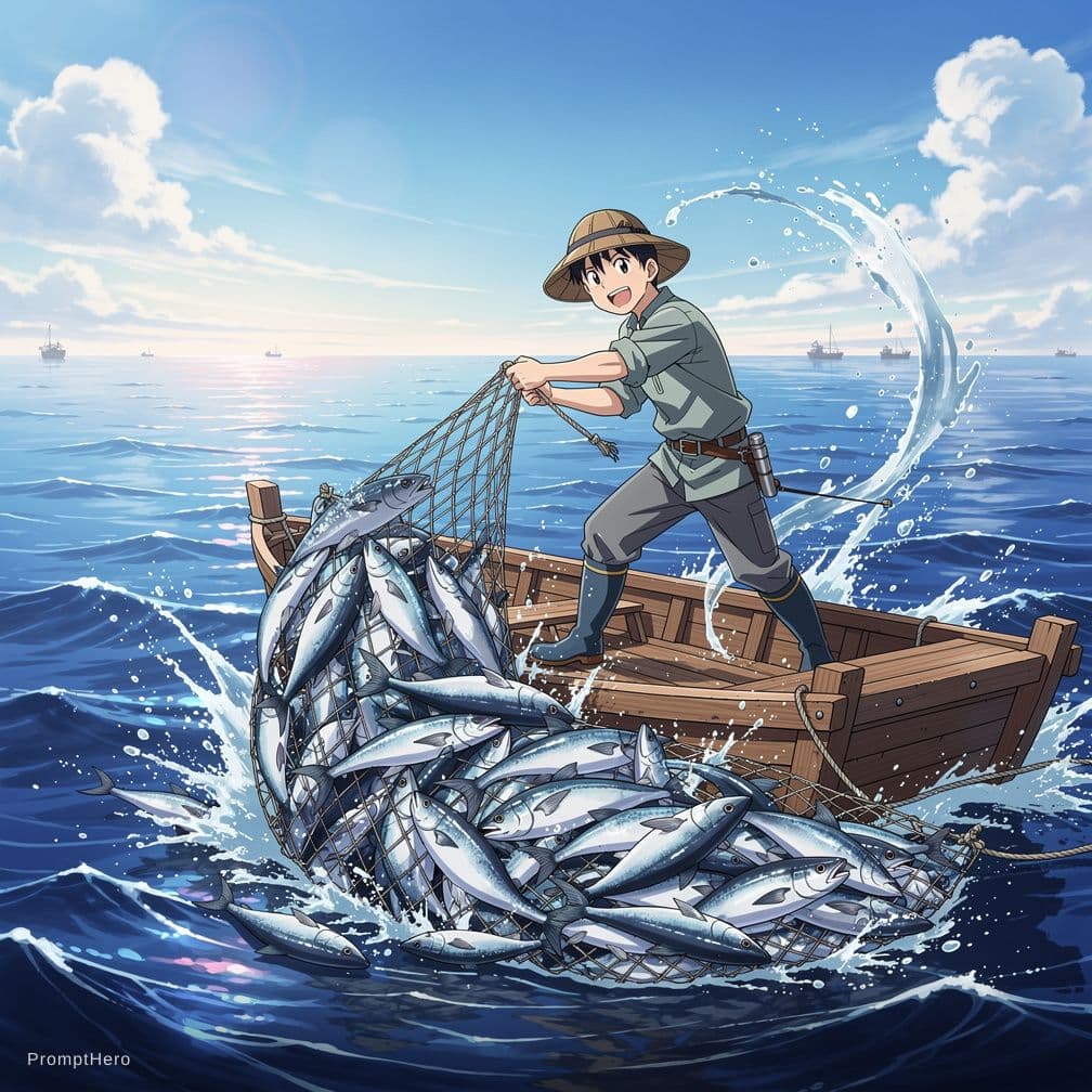 AI generated: Harvest the fish catch, japanese anime style, fisherman, on the sea