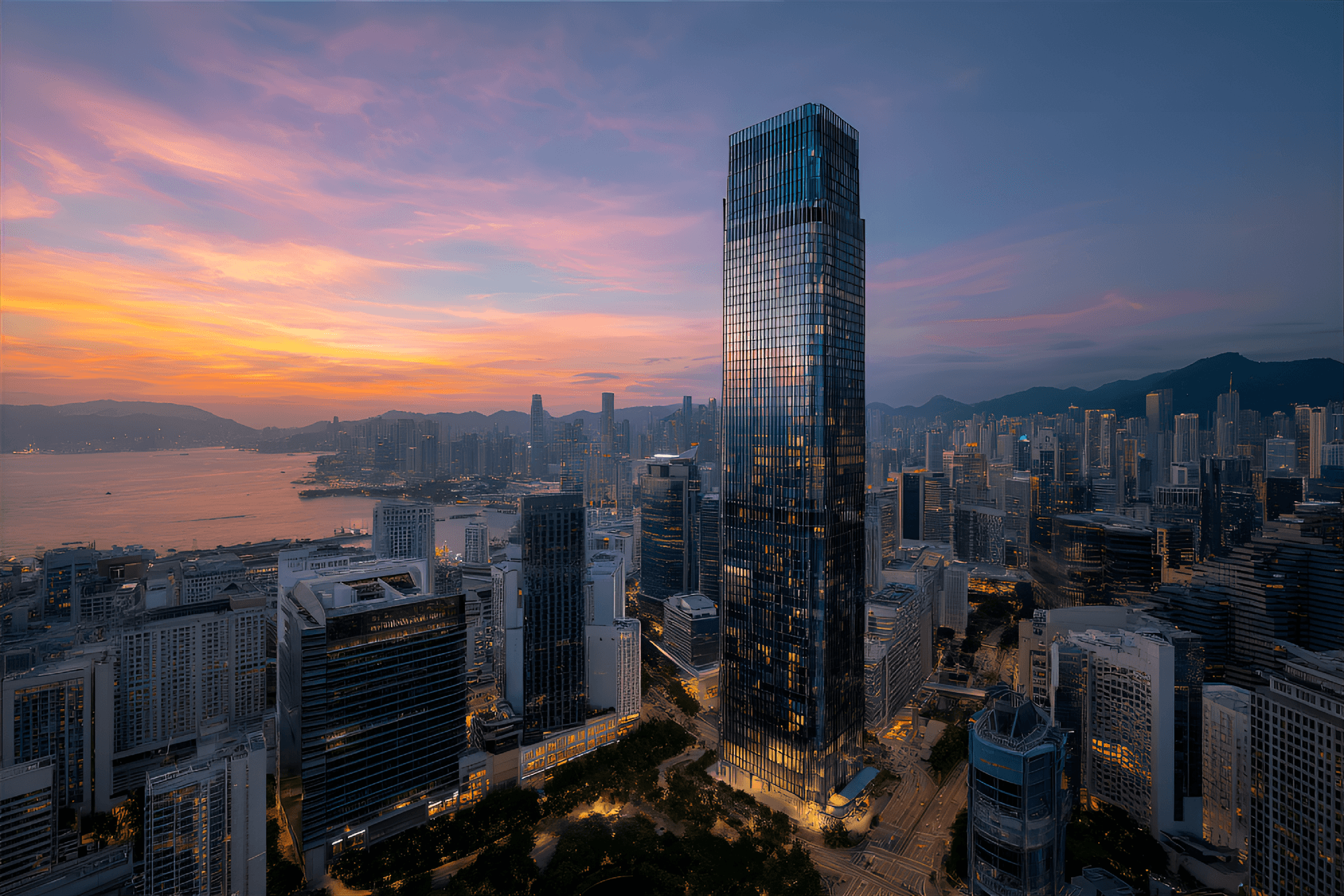 AI generated: Modern skyscraper, steel and glass façade, reflection of sunset, urban environment, high angle shot,...