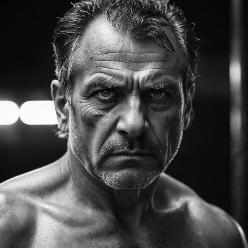 AI generated: black and white photograph close up portrait, 55-year-old tough man, piercing eyes, serious, stoic, ...