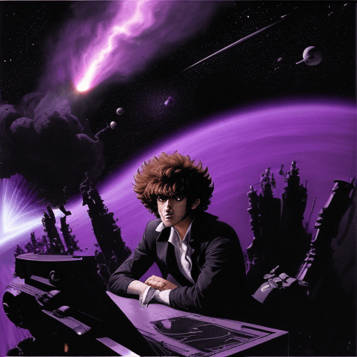 AI generated: Spike Spiegel smokes beside the black hole, purple, black, space, amazing, deep, spaceship, 