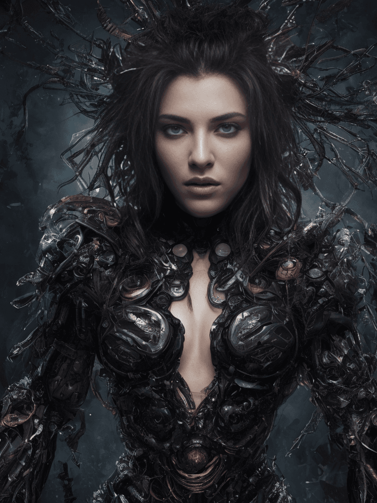 AI generated: chaos explosion, professional portrait, full body, biopunk female, beautiful face