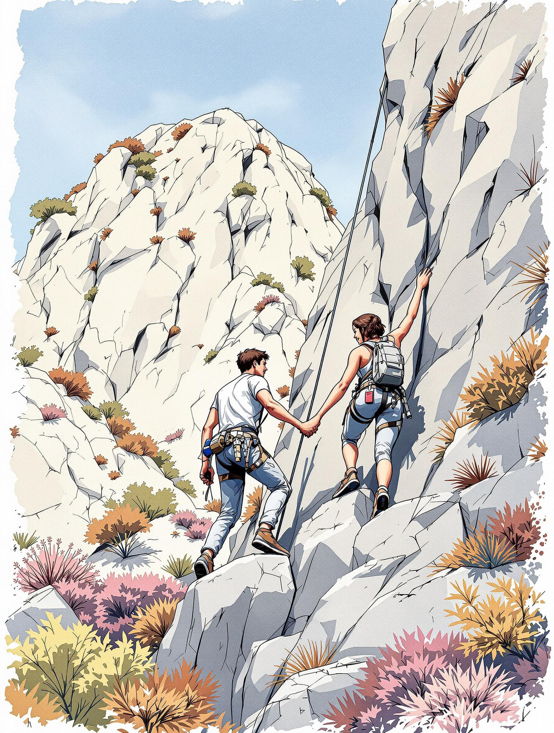 AI generated: A man and a woman, both light-skinned in their twenties, are positioned mid-rock climbing, holding h...
