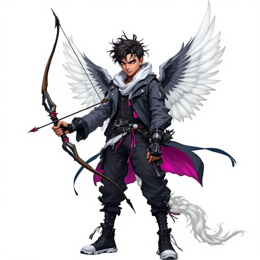AI generated: mixed race anime boy cupid in dressy street wear with a cyber punk bow and arrow
white background fu...