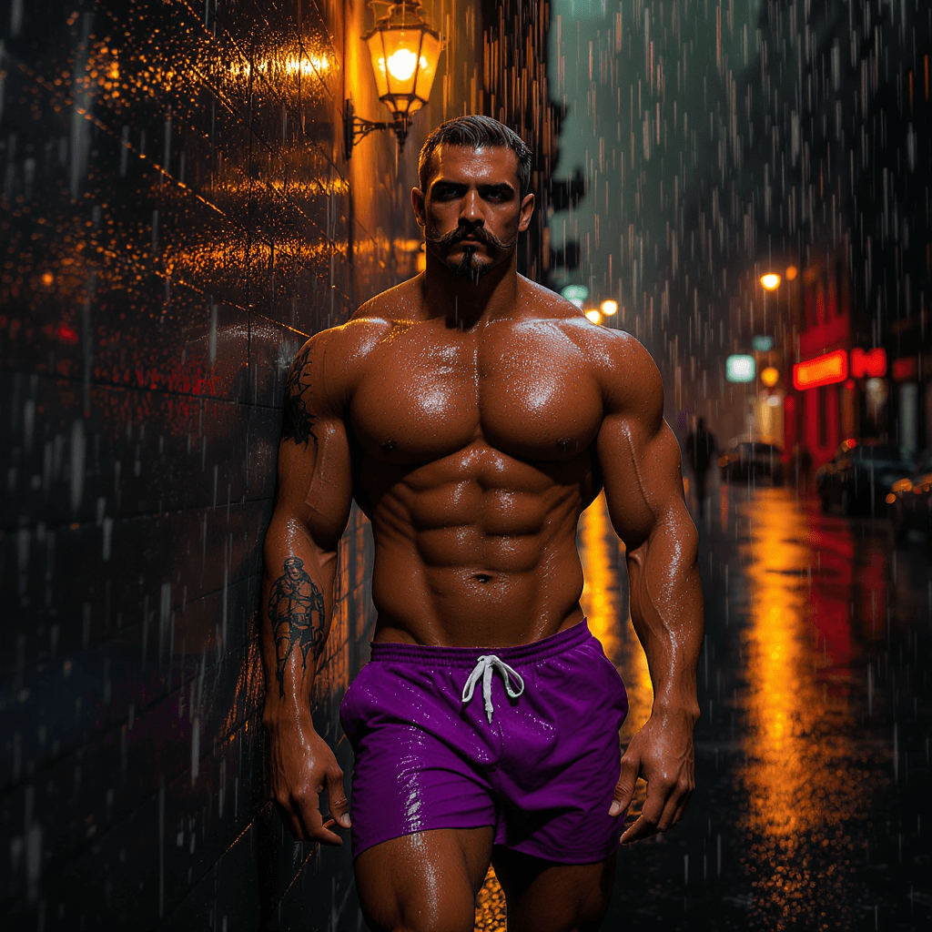 AI generated: Un homme musclé, au physique athlétique et sec, se tient debout dans une rue sombre de San Francisco...