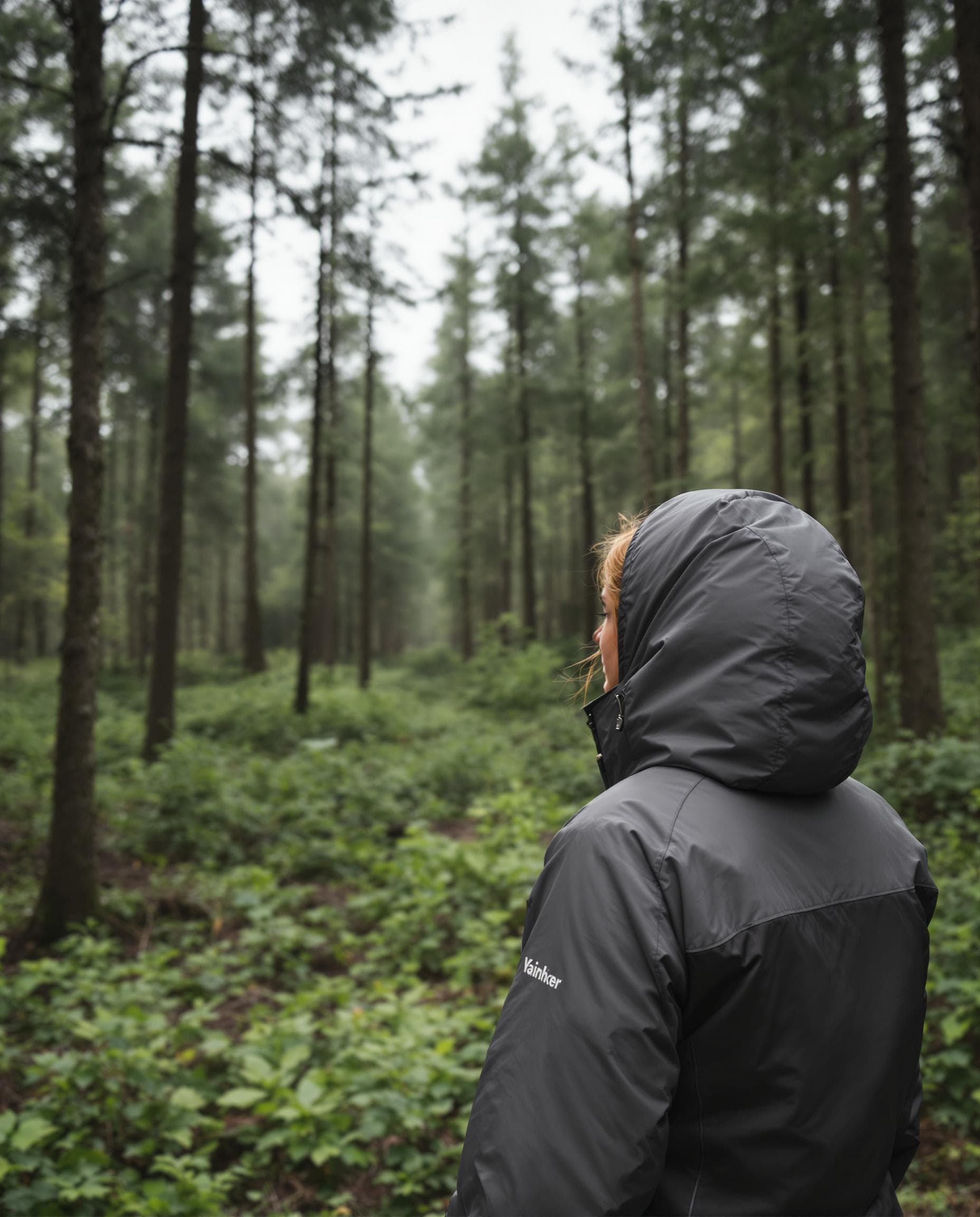 AI generated: realistic photograph of a woman standing in a forest far away, at a distance, covered in waterproof ...