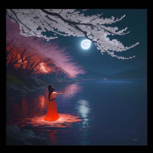 AI generated: the moonlight in  cherry  vibrant in blossom bloom, painting, in the style of bioluminescence  green...