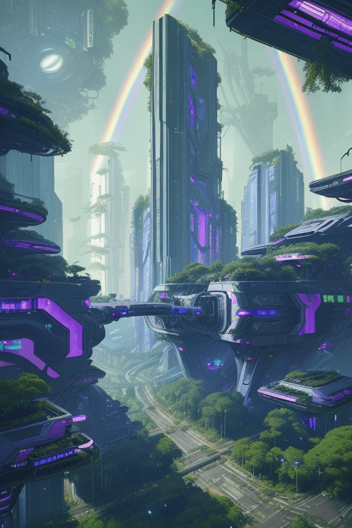 AI generated: a view of a city with a lot of trees and bushes, garden, a lot of flying objects , future city, in f...