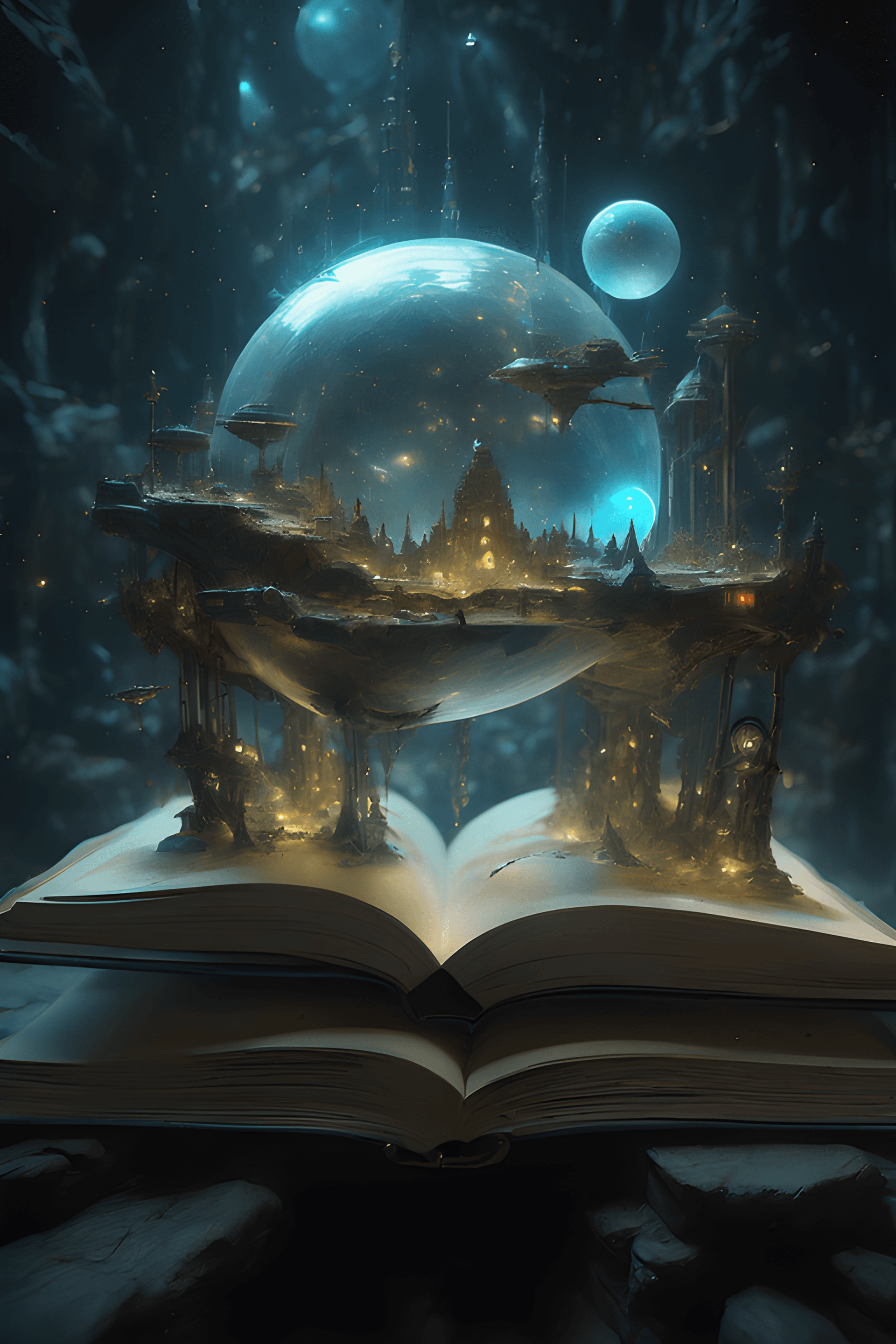 AI generated: Miniature sci-fi world coming out of open book,stars,, detailed_fantasy_background, hyperdetailed; K...