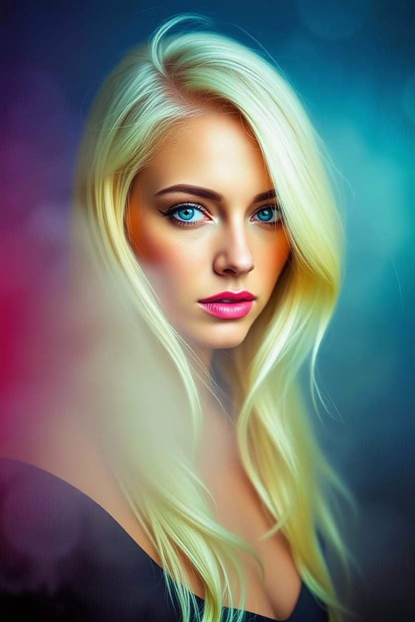 AI generated: "Fine art professional photography, ultra photorealistic, dramatic cinematic style, platinum blonde ...