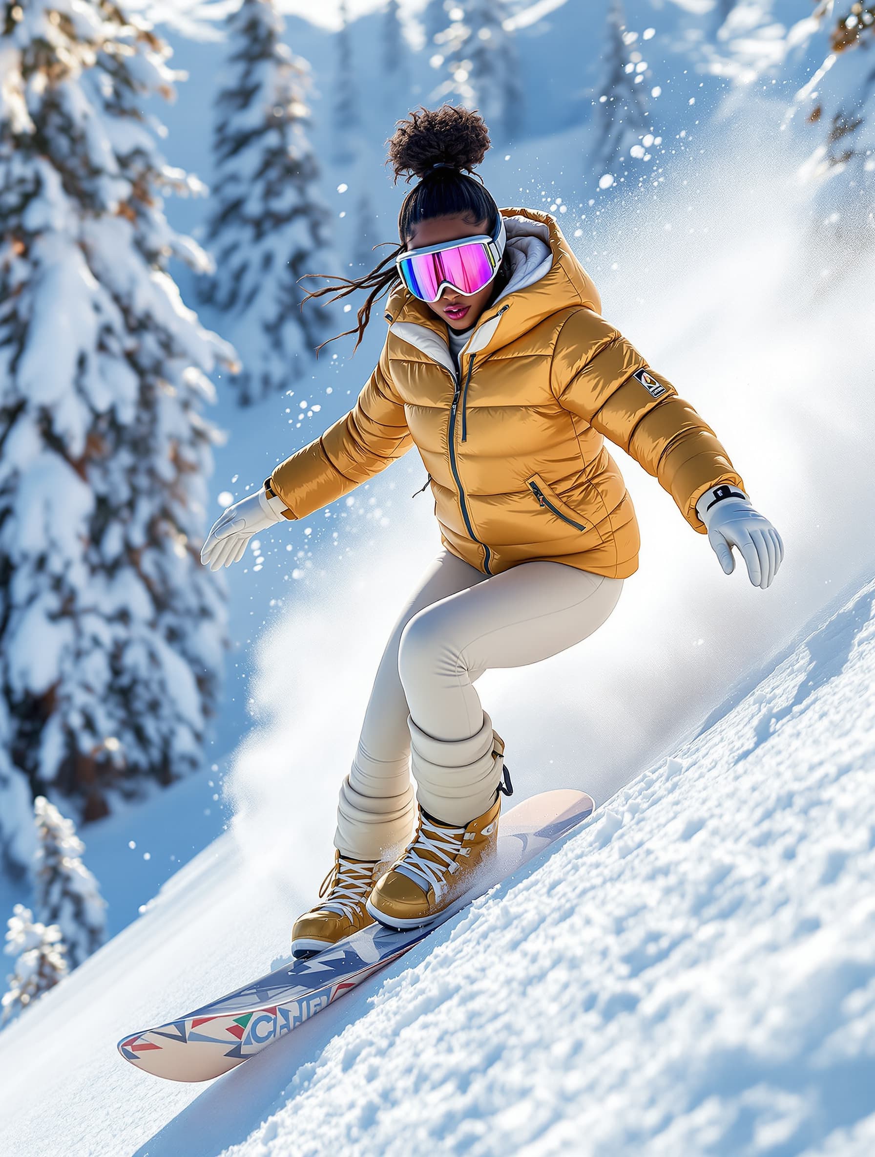 AI generated: Dynamic snowboarding scene set at the slopes of CHAMONIX Ski resort, during a sunny winter day. A ta...