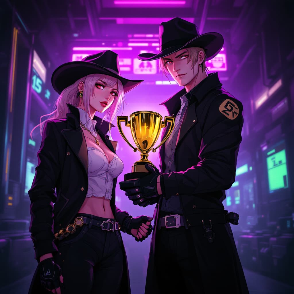 AI generated: Anime cyberpunk cowboys and girls holding an award in a cyber punk business