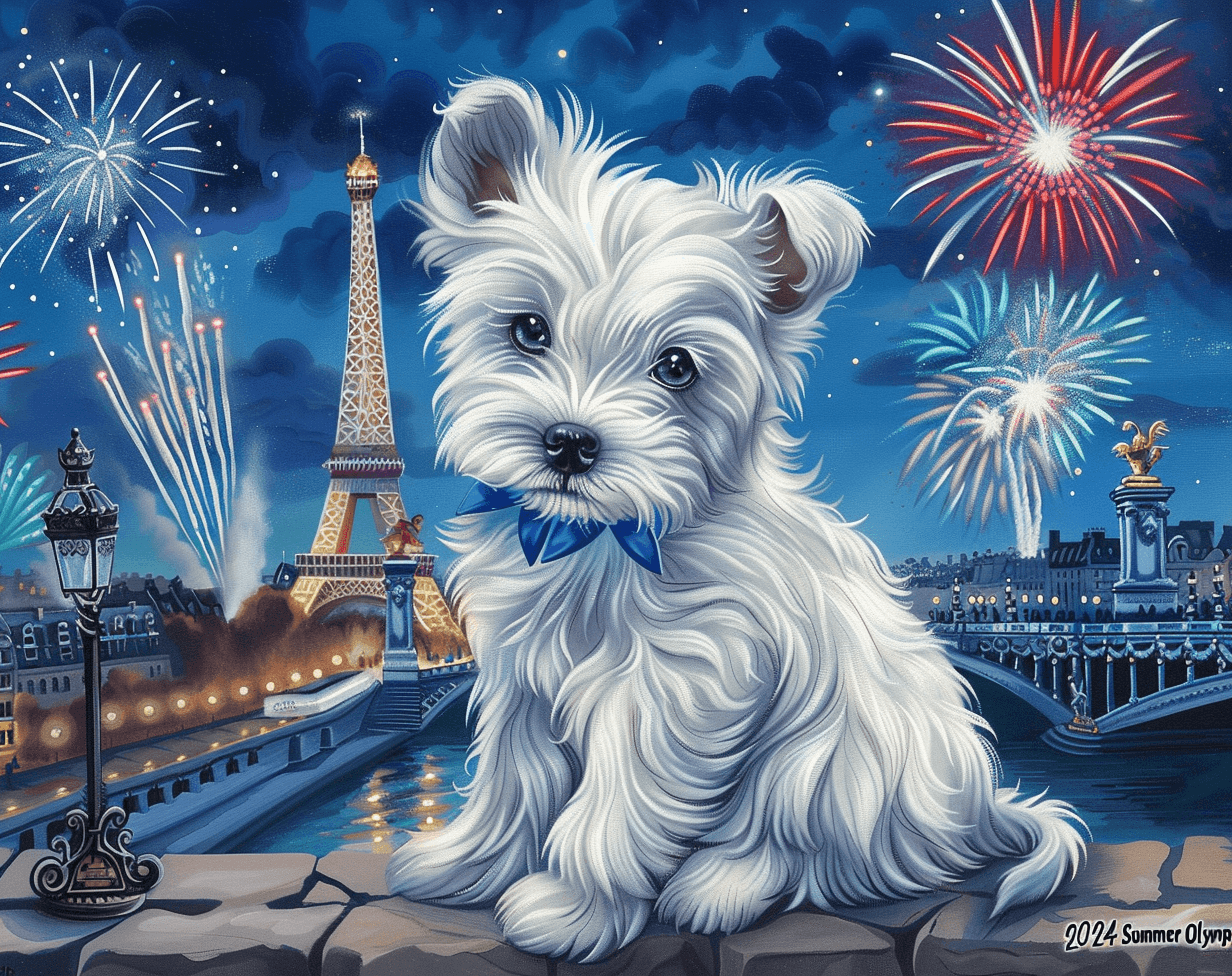 AI generated: Westie puppy sitting, night, Olympic rings eliminated in the background and the words "2024 Summer O...