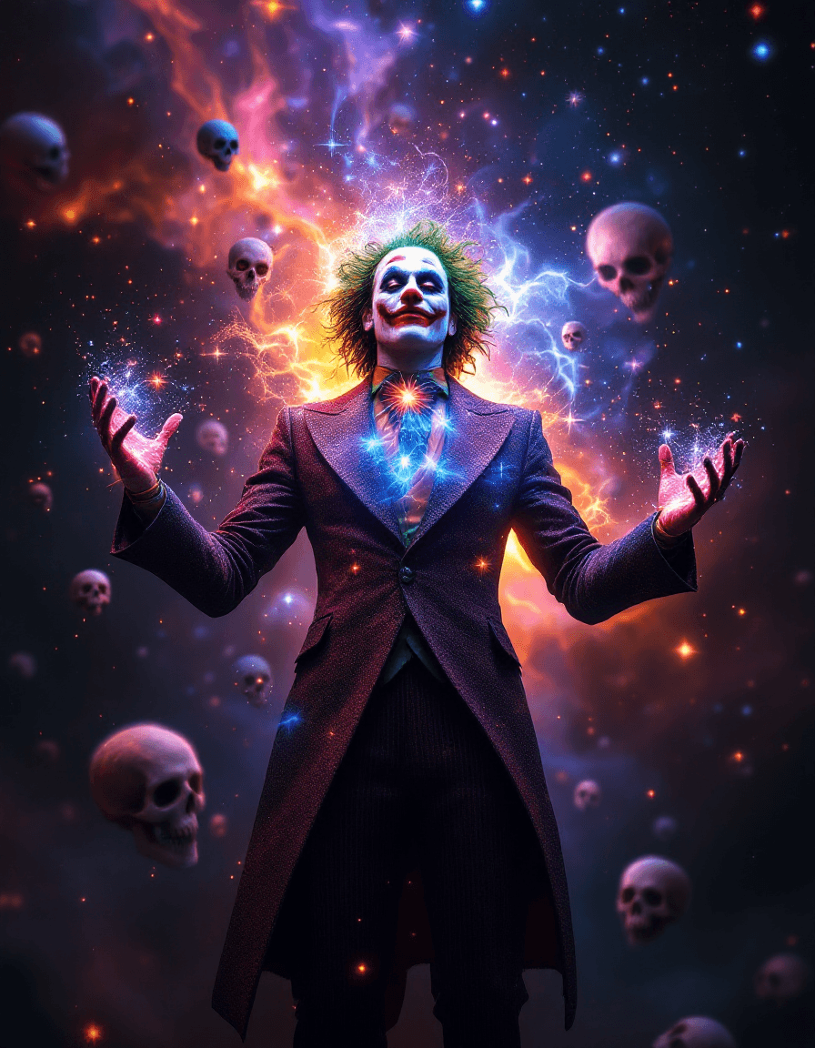 AI generated: The Joker  card transforms into a 3D hologram that appears to be made of cosmic energy. As the Joker...