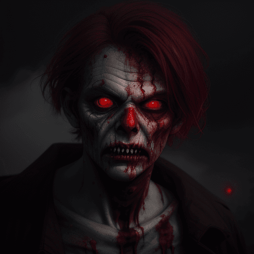 AI generated: zombie with red eyes, red moon with red fog on his face, realism, 8k