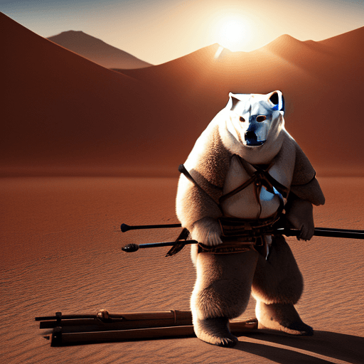 AI generated: in a desert with very strong sunlight, a photo of a samurai polar bear with a katana in his hands in...