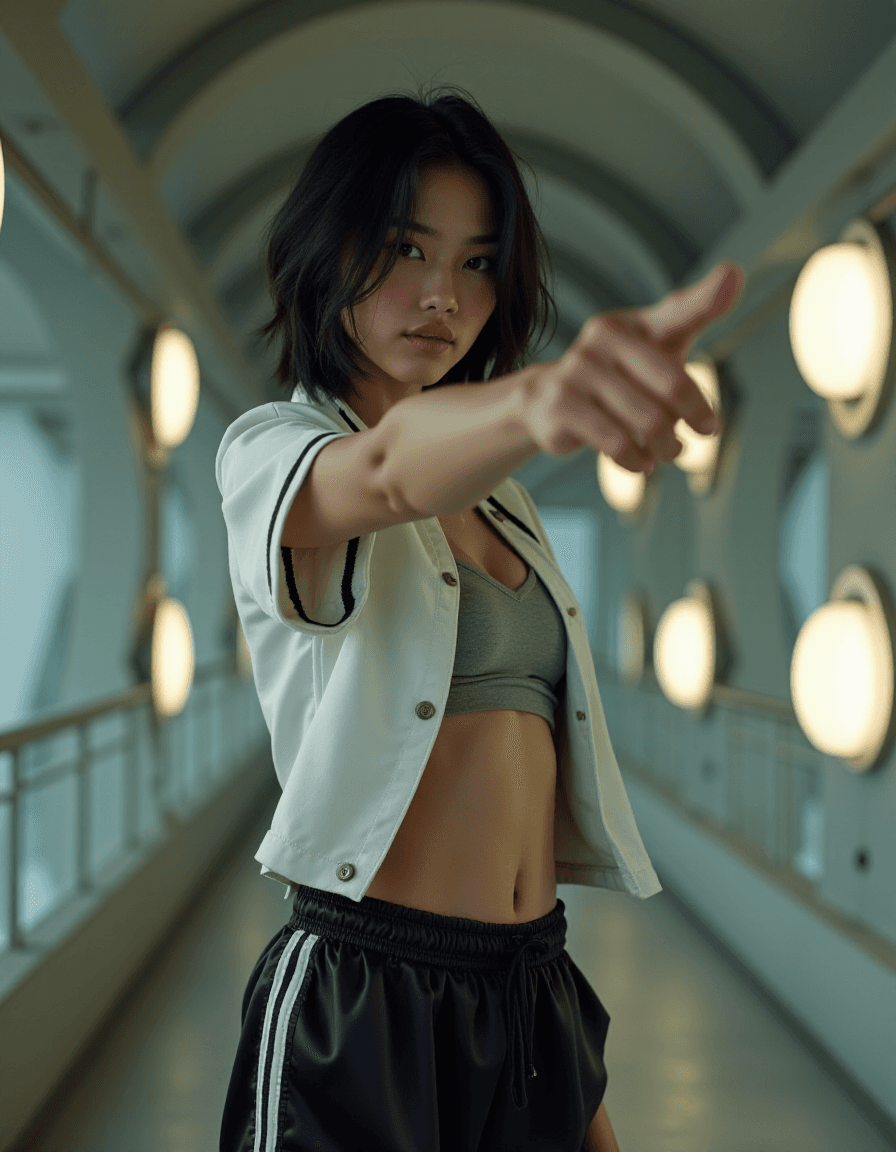 AI generated: High fashion half body photo of a young asian female supermodel, very thin, small breast, flat chest...