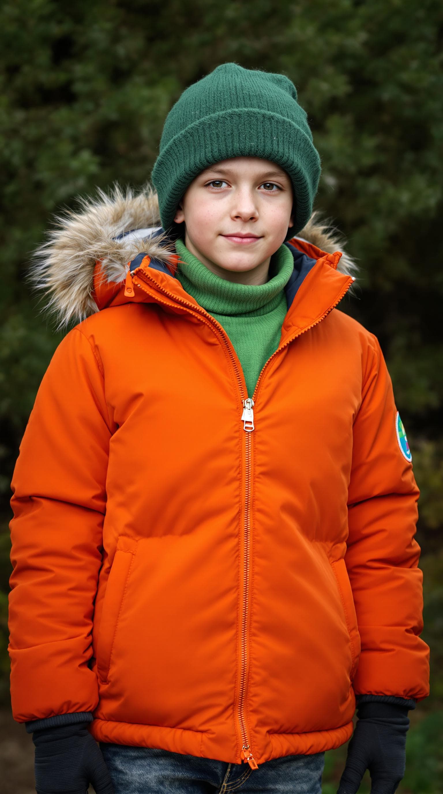 AI generated: A hyper-realistic full-body portrait of a young boy; wearing forest green ushanka hat with fur trim;...