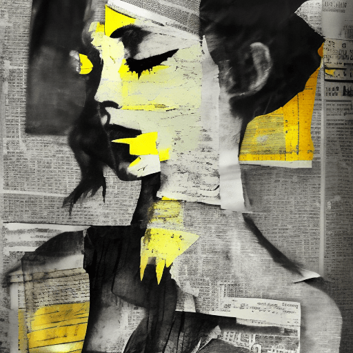 AI generated: Mixed media artwork + (scratchy faded torn up newspaper overlay:2.0),Emotional girl + Elegant dress ...