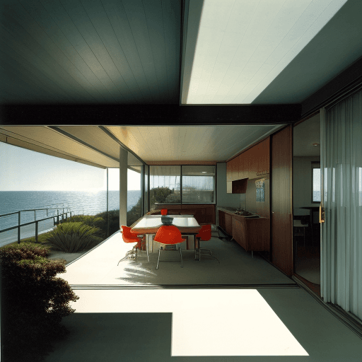 AI generated: Hyper realistic eye level exterior photo of a mid century modern style house overlooking the ocean, ...