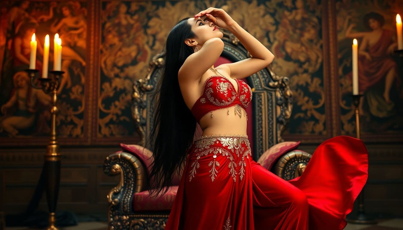 AI generated: A stunning 25-year-old belly dancer with a large bosom arches achingly backwards deep green eyes shi...