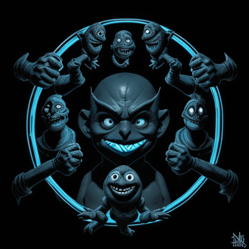 AI generated: Smiling Dark Puppet Fighting Monsters, A Dark Fantasy in Escher's Style, Neon Black & Blue Theme