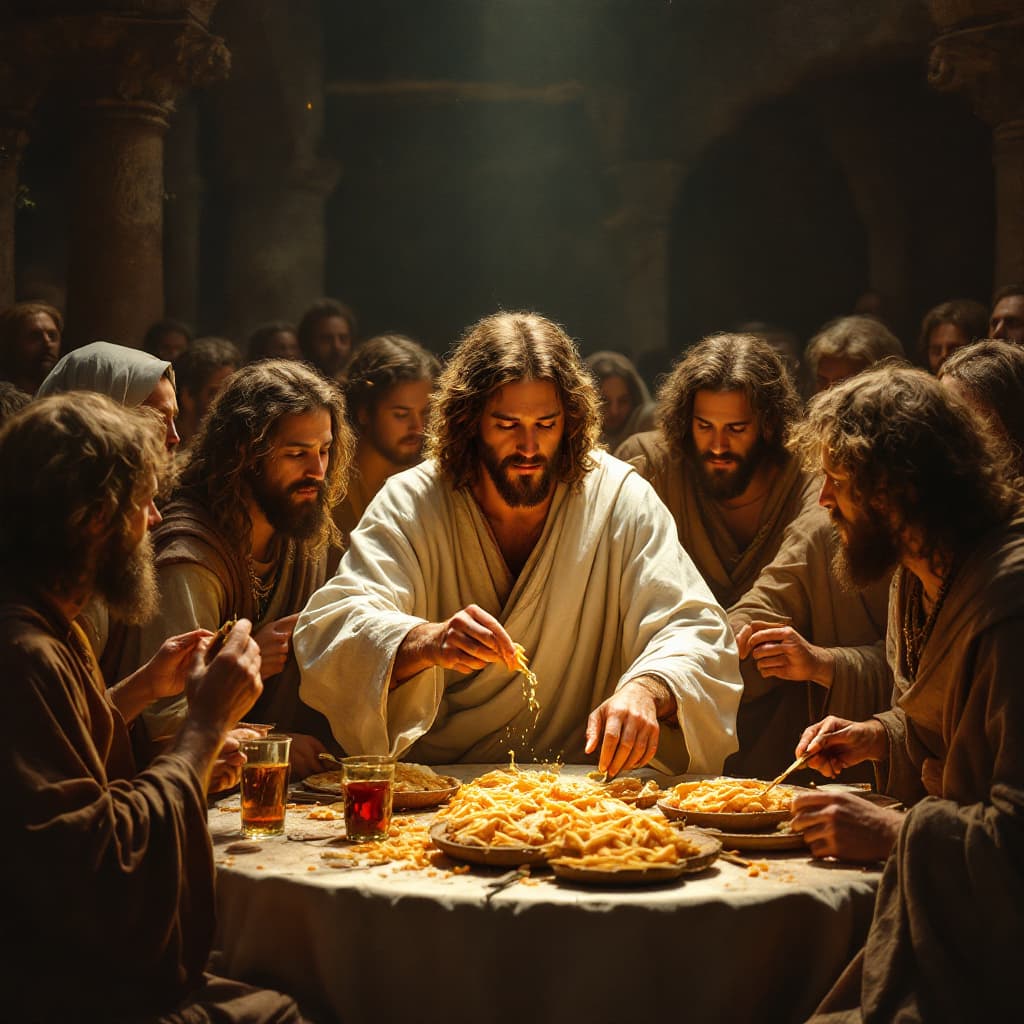 AI generated: The lord jesus breaking bread in a crowded place 