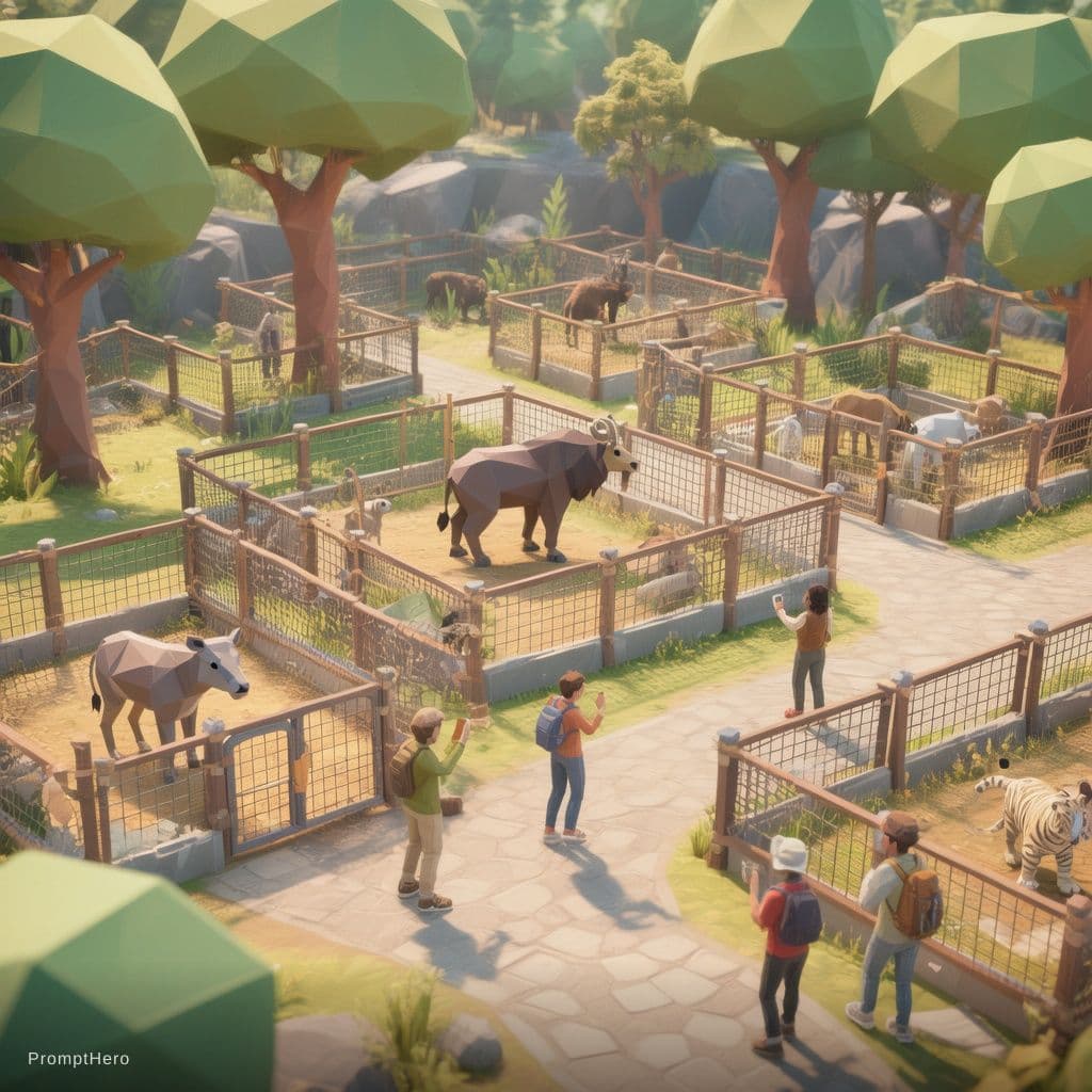 AI generated: A low-poly 3D zoo environment with animal enclosures, trees and walking paths. Visitors observing an...