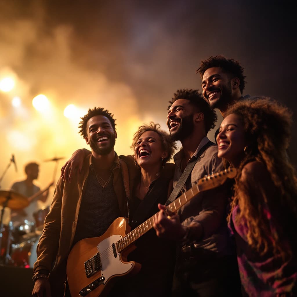 AI generated: A diverse, energetic band of musicians celebrating after a successful concert, standing on a stage u...