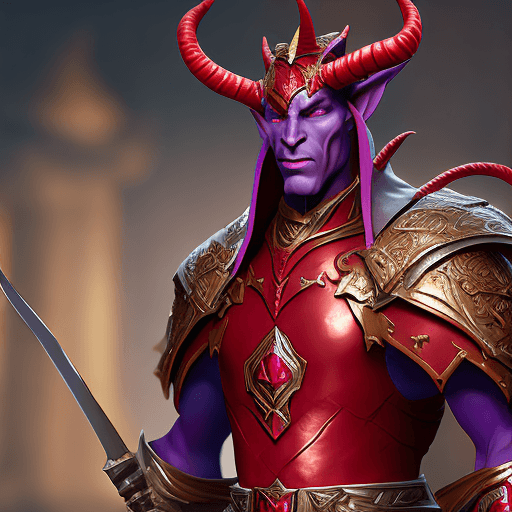 AI generated: tiefling paladin man by greg rutkowski, scarlet skin, luxury, elegant, ornate, vibrant and vivid, ci...