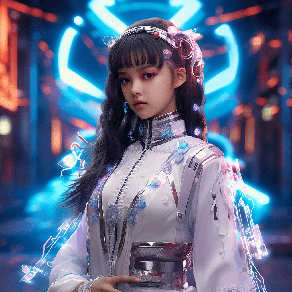 AI generated: 18 years old girl, fair skin,exquisite facial features,Hanfu and mecha,projection holographic displa...