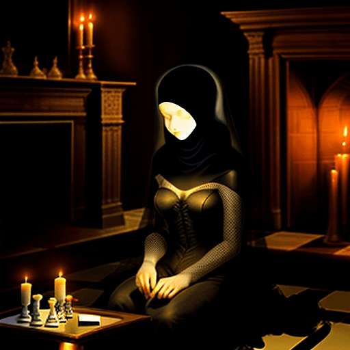 AI generated: Veiled woman, sitting at a chessboard studying the position, room, lid by candles, a fireplace, back...