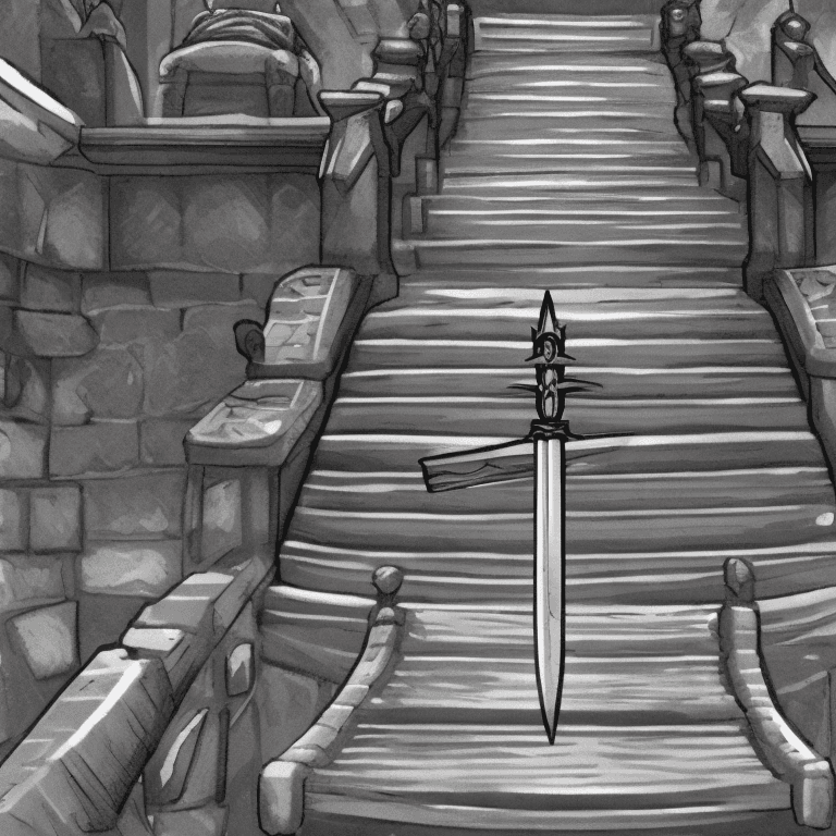 AI generated: A throne, many swords,The throne is empty,at the top of the many stairs,empty,Swords in the path, an...