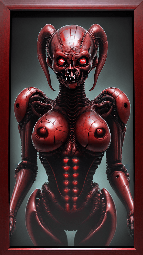AI generated: ultra HD "complex-inducing (((Alien:3.3))) RFKTR-style headshot framed transparent ruby red in the s...