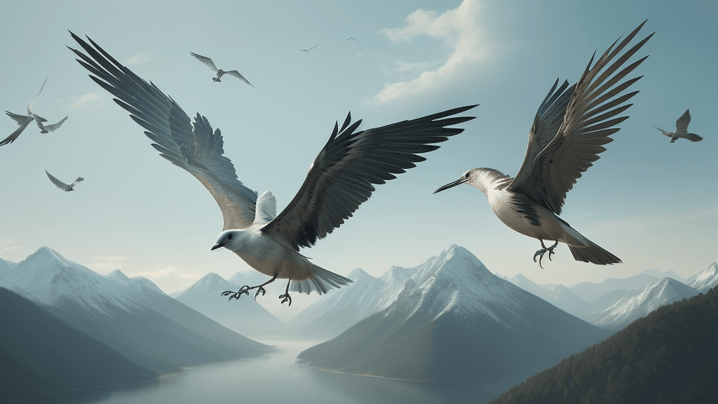 AI generated: "Generate an image of a bird in flight, symbolizing migration. The bird should be soaring over a div...
