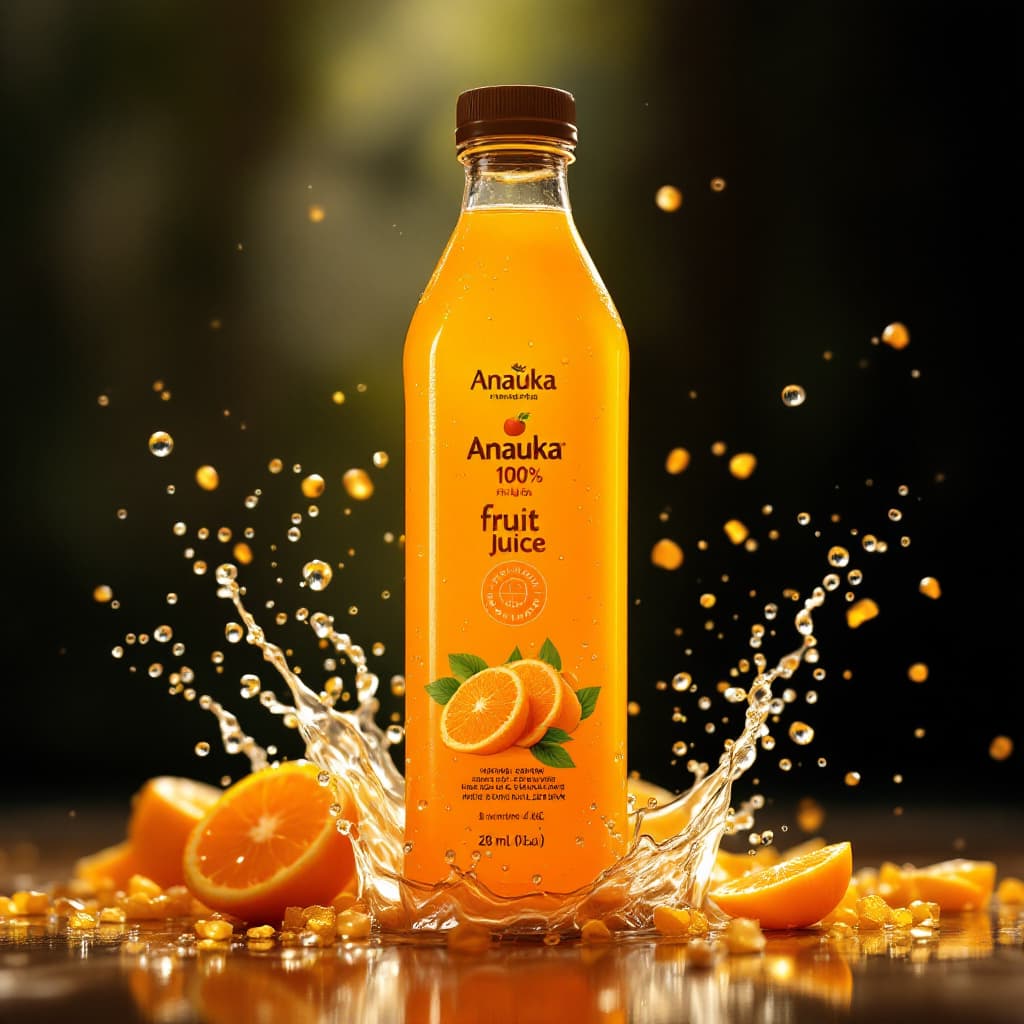 AI generated: Photo of a ultra realistic advert for a 100% fruit juice brand called "Anauka", orange colored juice...