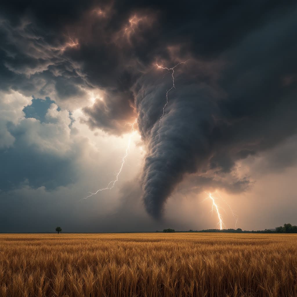 AI generated: a Tornado over a wheat field, lightning striking in the distance, hyperreal detail --v 7 --style raw...
