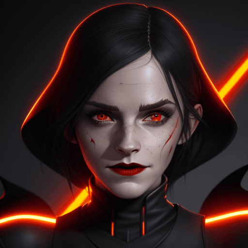 AI generated: Female sith (Emma Watson face) in Black Sith outfit, black hair, dark red lips, orange eyes from sta...