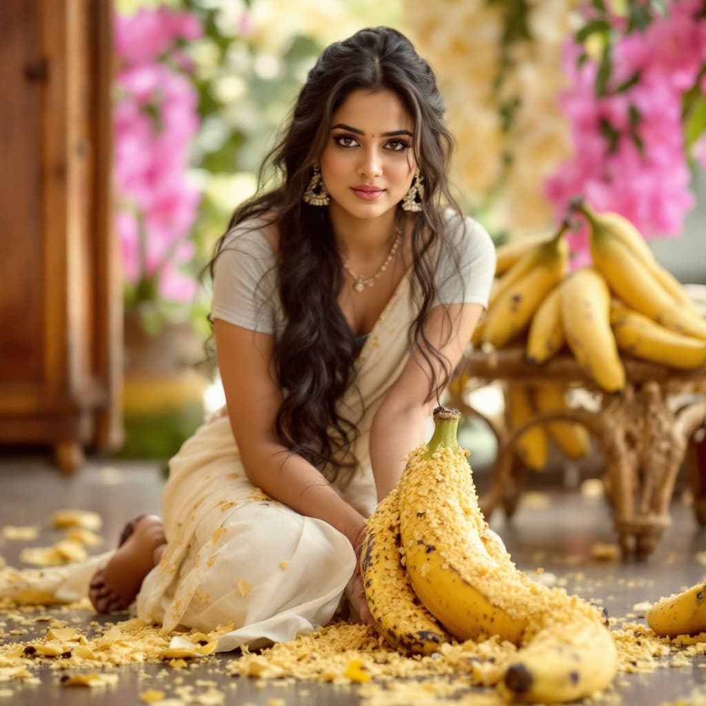 AI generated: indian actress anushka shetty on her knees, and having a banana