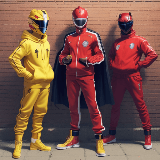 AI generated: A blackman, with a red power ranger like helmet, in a red track suit with a gold chain that HAS THE ...